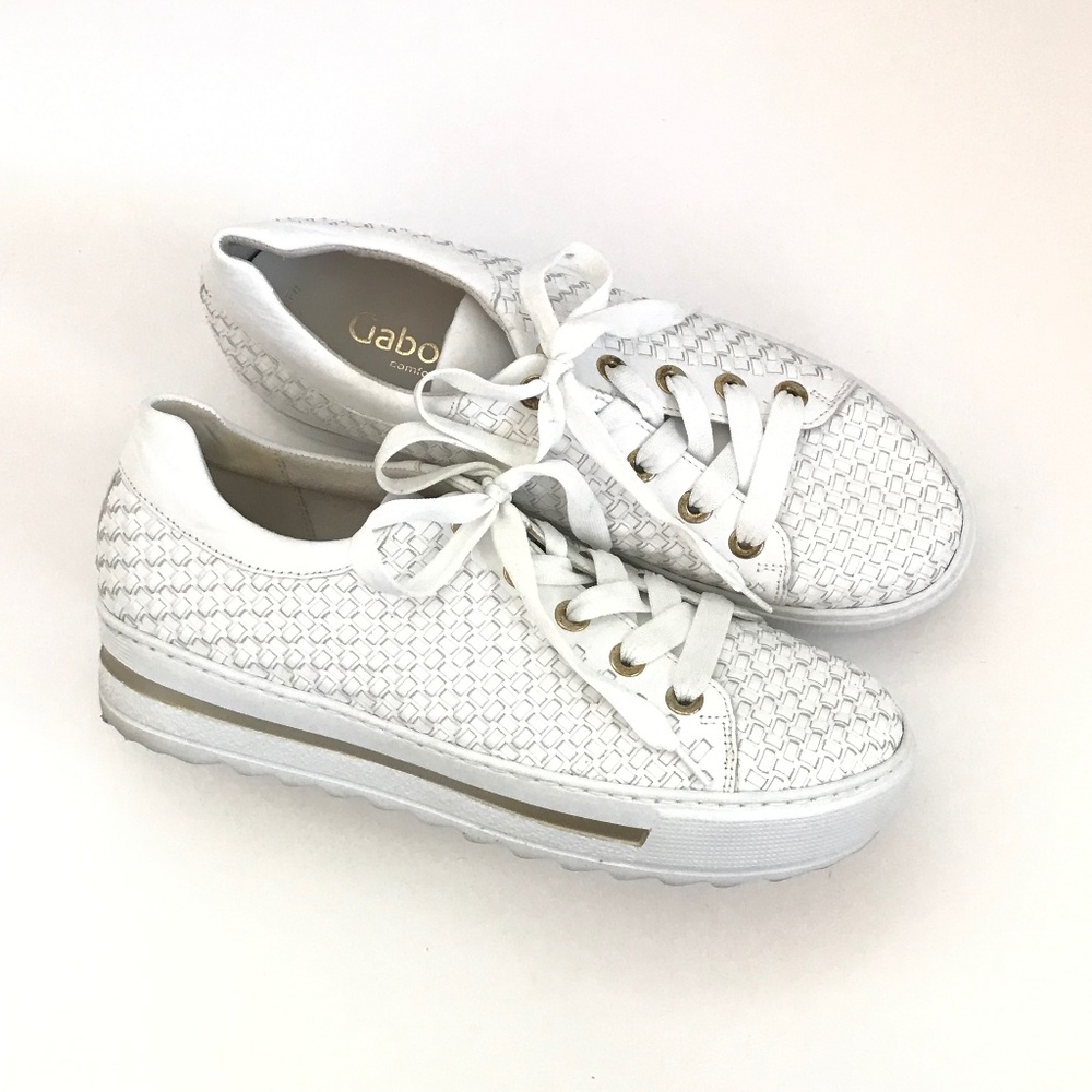 Gabor White Woven Leather Sneakers with Gold Trim